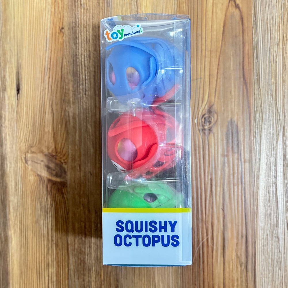 Octopus Squishy toys, NIP, blue, red, and green. 3 in pkg, ages 3+, sensory play